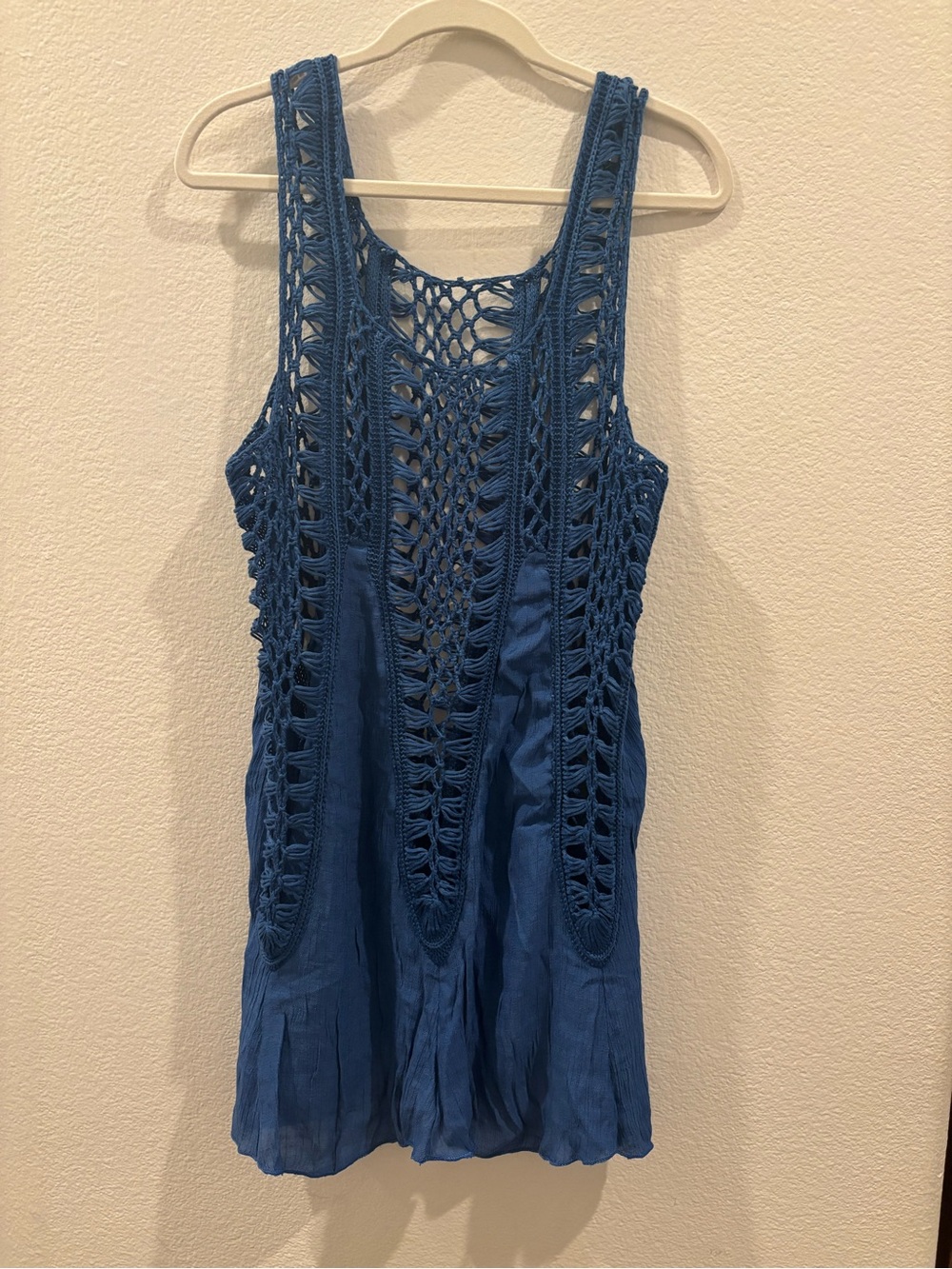 Blue Crochet-Detail Sleeveless Women's Beach Swim Cover Up Dress